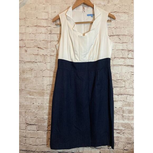 Antonio Melania Dress Womens 10 White & Navy Sheath Colorblock Ruffle Neck Work - Picture 1 of 14